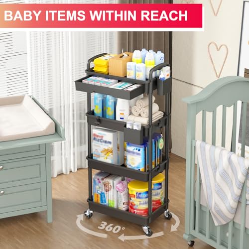 Goovilla 4 Tier Rolling Utility Cart Organizer with Removable Drawer, Black | Stable and Sturdy Rolling Storage Carts with 2 Lockable Wheels for Bathroom, Kitchen, Snack, Craft, Makeup, Baby Essentials - size: 4 Tier, style: Black