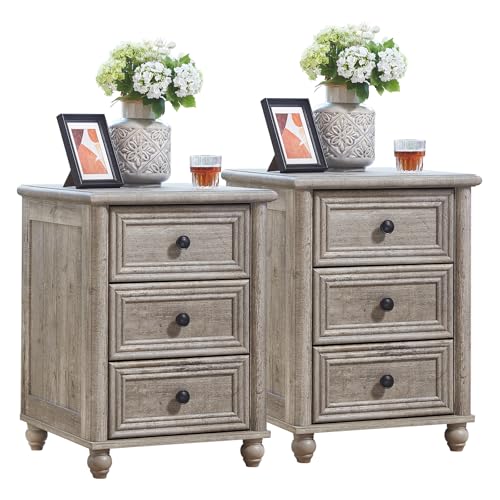 RWYHG 18" Night Stand Set 2, Nightstand with 3 Drawers | Farmhouse Modern Bedside Table, Solid Wood Legs, Metal Handles, Gray Bed Side End Tables for Bedroom Living Room - color: Gray Oak, style: 3 Drawers*2