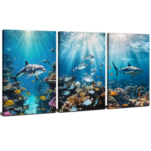 Tropical Ocean Coral Reef Dolphin Fish Underwater Canvas Wall Art for Living Room Beach Poster Under Sea World Life Marine Animal Nautical Shark Picture Prints Bedroom Home Decorations 16x24" 3 Pieces - color: Dolphin Shark, size: 16"L x 24"W