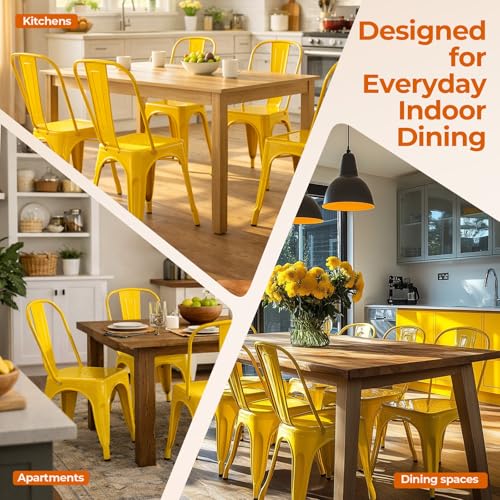 Metal Dining Chairs Set of 4 Daisy Yellow | Yellow Industrial Stackable Chairs Suitable for Indoor Outdoor Dining Room Kitchen Restaurant Cafe - color: Daisy Yellow