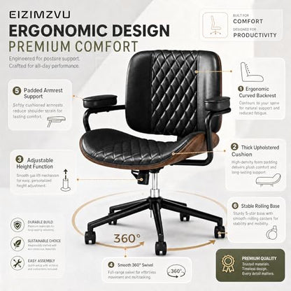 Home Office Desk Chair with Wheels, Armless Adjustable Height PU Leather Office Chair, Mid Back Ergonomic Computer Chair, Walnut Curved Seat Design No-Arm Chair (GX-9006-Armrests-Black) - color: Gx-9006-armrests-black