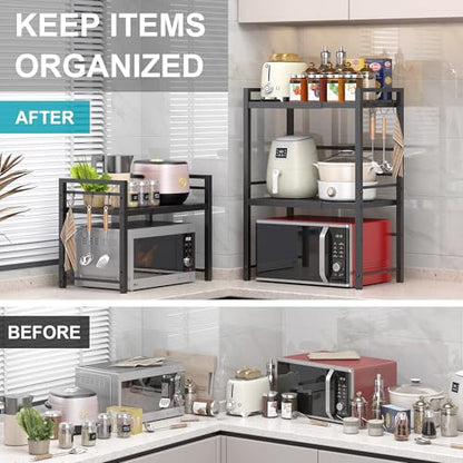 DOLALIKE Microwave Oven Rack, Expandable Microwave Stand Countertop Kitchen Utensils Tableware Storage, Carbon Steel Over Microwave Shelf Countertop with 3 Hooks | Adjustable Microwave Oven Rack Metal Storage Shelf with 3 Hooks for Pans Small Appliances K