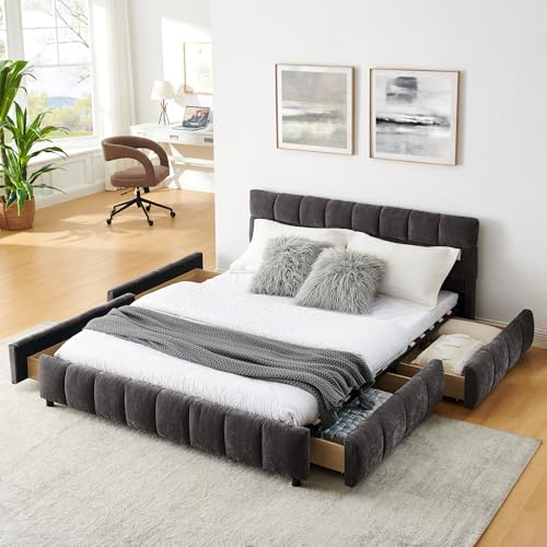 Upholstered Platform Bed with Storage Drawers, Chenille Fabric Low Profile Bed Frame with Soft Headboard, Sturdy Wood Slats, Easy Assembly, No Box Spring Needed (Dark Gray, Queen (U.S. Standard)) - color: Dark Gray, size: Queen (U.S. Standard)