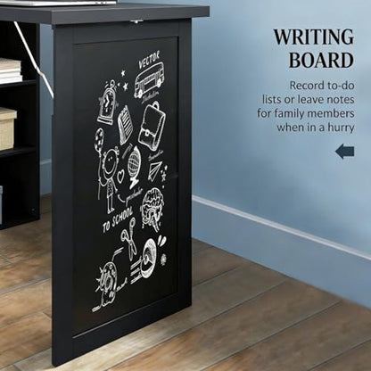 Foldable Wall Mounted Desk with Storage Shelves & Blackboard, Fold-Out Convertible Writing Table for Small Spaces | Space-Saving Floating Computer Desk for Home Office (Black) - color: Black
