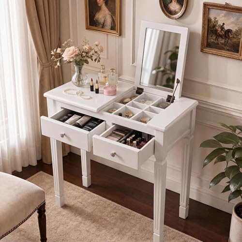 LEEMTORIG 31.5" Solid Wood Small Vanity Desk with Flip-top Mirror, Compact Wooden Writing Desk with Drawers, 3 in 1 Secretary Desk/Dressing Table/Nightstand for Small Space, White SZT-D0036-WT - color: White