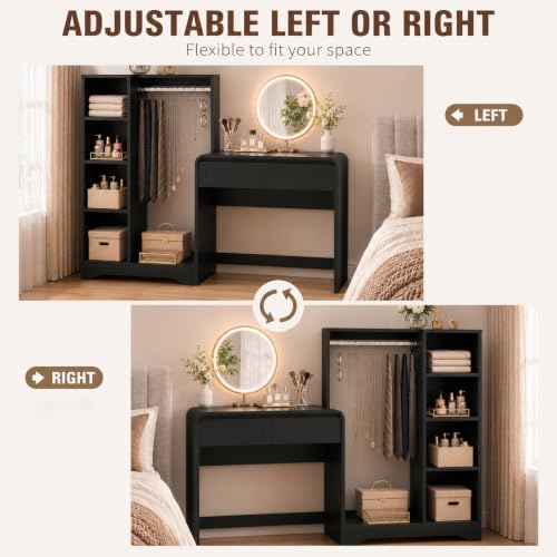 Vanity Desk, Makeup Vanity Desk with Drawers and Hanging Rack | 4 Tier Shelves, Modern Makeup Vanity Table with Curved Profile Design, Makeup Dressing Desk for Bedroom, Black - color: Black, size: 15.7"D x 70"W x 47"H