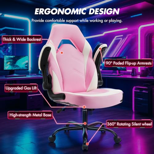 Sweetcrispy Computer Video Game Desk Chair: Ergonomic Comfy Lumbar Support, PU Leather with Flip-up Armrest, Height Adjustable and 360° Swivel, for Adults, Pink - color: Pink
