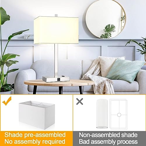 21" Touch Bedside lamps with 2 USB & AC Outlets, 3-Way Dimmable Bedside Table Lamps Set of 2 for Bedroom Living Room Office Reading, White Shade Lamps for Night Stands, 3000K LED Bulbs Included - color: (2 pack)White Cream Linen & Brushed Nickel(Base)-300