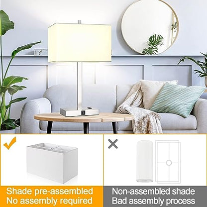 21" Touch Bedside lamps with 2 USB & AC Outlets, 3-Way Dimmable Bedside Table Lamps Set of 2 for Bedroom Living Room Office Reading, White Shade Lamps for Night Stands, 3000K LED Bulbs Included - color: (2 pack)White Cream Linen & Brushed Nickel(Base)-300