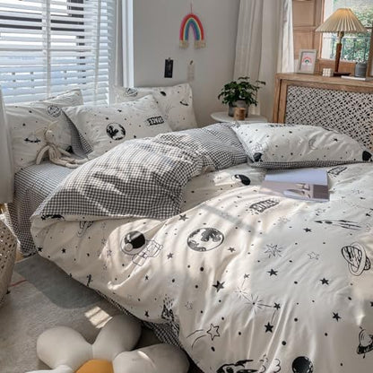 Space Duvet Cover Set Queen 100percent Cotton Cartoon Astronaut Rocket Full/Queen (90 in x 90 in) - color: Happy Universe, size: Full/Queen (90 in x 90 in)