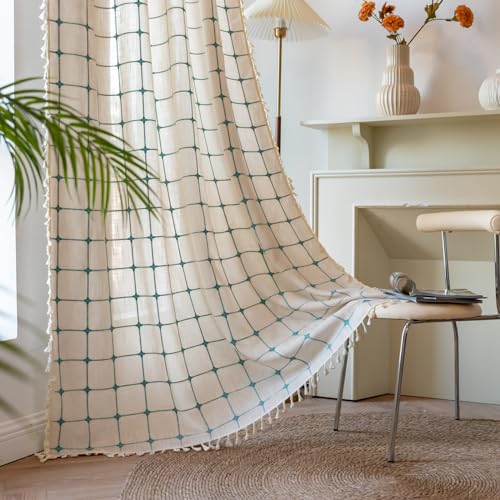 Deeprove Boho Curtains 84 Inches Long for Bedroom, Cotton Linen Plaids Turquoise Embroidery Semi Blackout Bohemian Farmhouse Window Treatment Grids Drape Tassels, 1 Panel W52 x L84 Beige - color: Beige + Turquoise, size: 52"W x 84"L (Pack of 1)