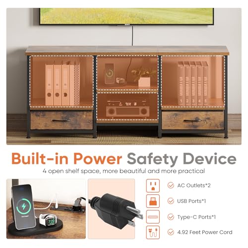 DUMOS 47" TV Stand with Fabric Drawers for 50 55 Inches TV | Entertainment Center and Industrial TV Console Table with Open Storage Shelves for Living Room, Bedroom, Rustic Brown - size: 15.8"D x 47.2"W x 21.7"H