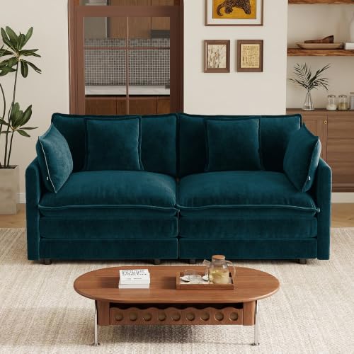 70.8 Inch Modular Sectional Cloud Sofa, 2-Seat Chenille Blue | Chenille Deep Seat Sofa with Pillow for Living Room, Bedroom and Apartment - color: Blue, size: 70.8Inch