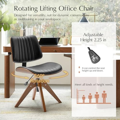 HULALA HOME Faux Leather Home Office Desk Chair No Wheels, Black | Mid-Century Modern Desk Chair with Wood Legs, 360° Swivel Computer Task Chair with Channel-Tufted Backrest, Height Adjustable - color: Black