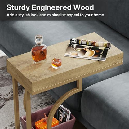 Tribesigns Narrow Side Table C Shaped End Table Modern Bedside Tables for Couch, Small Sofa Chairside Tables with Metal Frame for Living Room (2, Natural+Wood Tones) - color: Natural+wood Tones