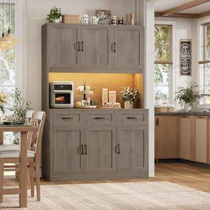 HOSTACK Kitchen Pantry Storage Cabinet, Kitchen Hutch Cabinet, Ash Gray | 47"W Food Pantry Cabinet with Smart LED / Charging Station / Countertop / 3 Large Drawers, 72"H Storage Hutch for Dining Room - color: Ash Gray