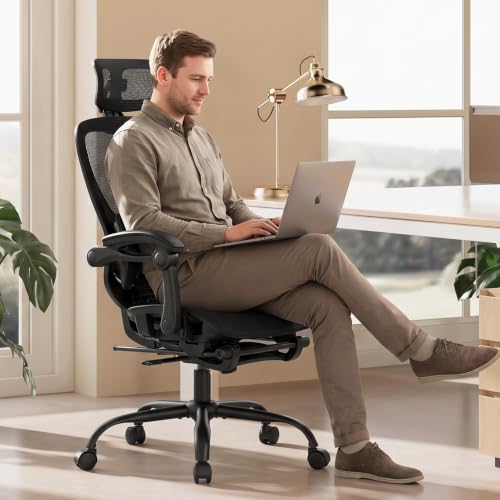 MALOL Ergonomic Mesh Office Chair with Footrest, Executive High Back Computer Desk Chair with 3D Adjustable Headrest & 5-Level Lumbar Support, Track Armrest, Tilt Lock, 300LBS, Black - color: Black