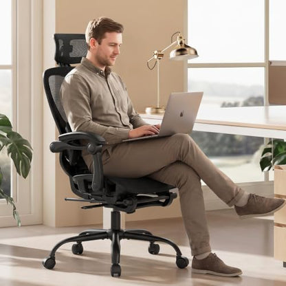 MALOL Ergonomic Mesh Office Chair with Footrest, Executive High Back Computer Desk Chair with 3D Adjustable Headrest & 5-Level Lumbar Support, Track Armrest, Tilt Lock, 300LBS, Black - color: Black