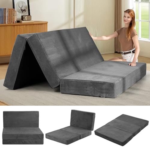 6-Inch Tri-Folding Mattress Queen Size - Foldable Futon Sofa Bed with Removable Washable Cover, Folding Futon Mattress | Non-Slip Bottom & Carry Handles for Guest, Camping, Dorm - color: Grey, size: Queen