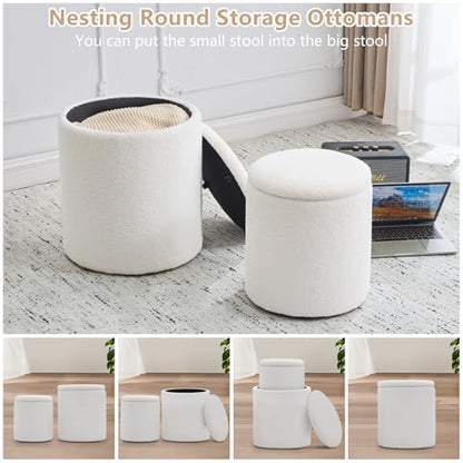 oakvivo Round Set of 2 Ottoman with Storage, Boucle Storage Ottoman Foot Stool, Soft Teddy Upholstered Small Vanity Stool, Ottomans Padded Seat Foot Rest for Living Room Bedroom, White - color: White