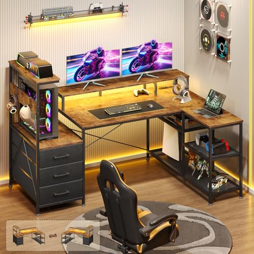 L Shaped Gaming Desk with Drawers & Storage Shelves for Game, Home Office | Corner Gaming Desk with Power Outlets & LED Light, Reversible Computer Desk with Monitor Stand & Hooks, Rustic Brown - color: Rustic Brown