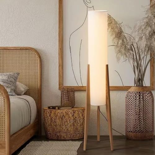 Wabi-Sabi 50" Wood Tripod Floor Lamp with Paper Lantern Inspired | Tall Linen Fabric Shade, E26 3-Color Temperatures Bulb Included, Foot Switch, Natural Wood For Living Room, Bedroom, Office - color: Natural Wood