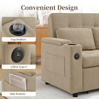 Korser 55.5'' 3-in-1 Convertible Sofa Bed, Pull Out Couch with 5-Position Adjustable Backrest, Loveseat Sleeper Sofa for Small Spaces, Sofa Couch with Cup Holders for Living Room, Office, Chenille - color: Khaki