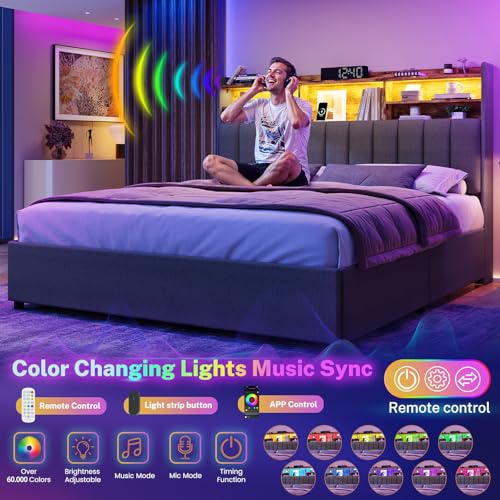 Queen Bed Frame with Headboard and 4 Drawers Storage, Bed Frame Queen Size Built in LED Lights and Charging Station, Sturdy & Noise-Free Upholstered Platform Metal Support Bed, Dark Grey