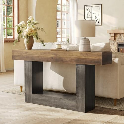 LITTLE TREE 63 Inches Long Console Table, 2-Tier Farmhouse Sofa Table Behind Couch, Large Narrow Entryway Table for Living Room, Wooden Hallway Foyer Table with Heavy Duty Base, Rustic Brown and Grey - color: Rustic Brown and Grey