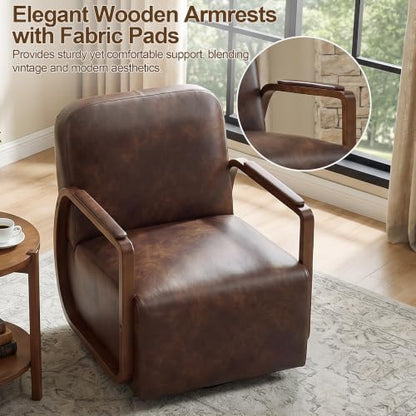Faux Leather 360° Swivel Barrel Accent Chairs Set of 2, Upholstered Mid Century Modern Reading Lounge Chair with Wooden Armrests & Solid Rotating Metal Base for Living Room Bedroom, Dark Brown - color: Dark Brown, size: 2 Pack
