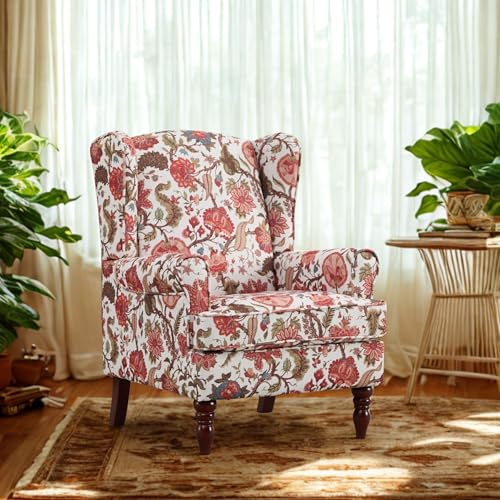 GDFStudio Modern Wingback Accent Chair with Solid Wood Legs and Cushion, Comfy Upholstered Floral Pattern Armchair, Retro Leisure Single Sofa Chair for Living Room Bedroom Home, Bean Paste Red - color: Bean Paste Red