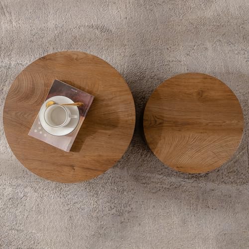 Round Nesting Coffee Table Set of 2 Living Room, No Assembly | Modern Wooden Center Tables, Tea Table for Apartment, Small Circle Accent End Table Set, Brown Wood - color: A-brown Wood
