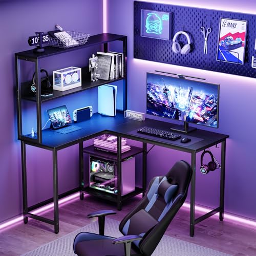 DUMOS L Shaped Desk, Gaming Desk, Power Outlet, 43 Inch | Reversible Corner Computer Table, Adjustable Shelf CPU Stand, Home Office Writing Table, LED, Black - color: Black, size: 43 IN