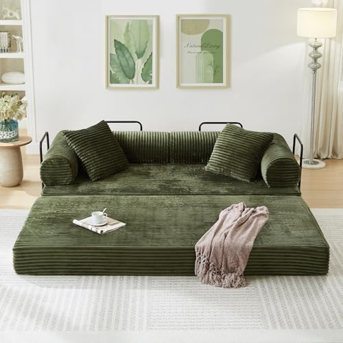 Antetek Modular Couch Bed, Convertible Folding Plush Corduroy Comfy Floor Compression Loveseat Sleeper Sofa Couch, King Size Bed for Guest Room Living Room Bedroom, No Assembly Required, Green
