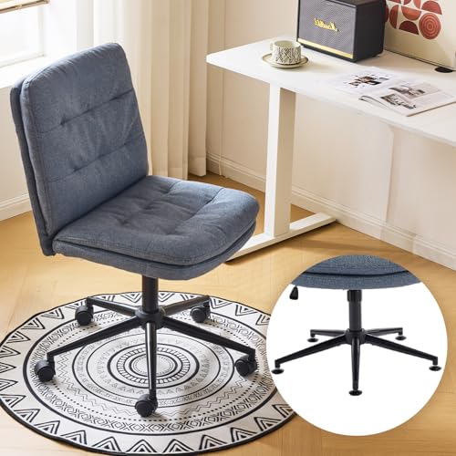 VINGLI Mid Back Armless Office Desk Chair with Wheels/no Wheels,360°Rocking Swivel Vanity Chair with Thickened Cushion,Adjustable Height Rolling for Reading Room, Make up, Linen Navy Blue - color: Navy Blue