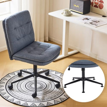 VINGLI Mid Back Armless Office Desk Chair with Wheels/no Wheels,360°Rocking Swivel Vanity Chair with Thickened Cushion,Adjustable Height Rolling for Reading Room, Make up, Linen Navy Blue - color: Navy Blue