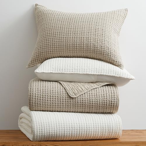 Levtex Home Mills Waffle Twin Bedspread Set (84x104in) with 1 Pillow Sham (26x20in) - Undyed Wheat - Cotton Waffle Twin Size Bedspread Set - Lightweight, Soft, Pre-Washed - color: Wheat, size: Twin Bedspread