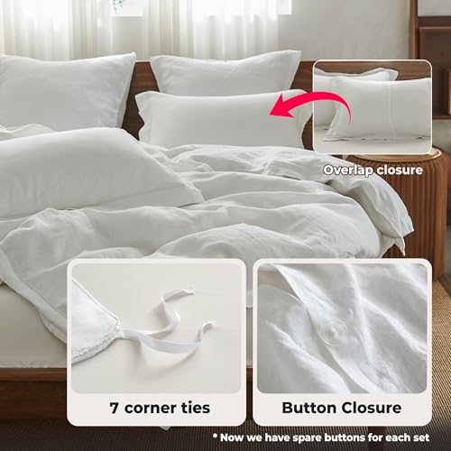 Simple&Opulence 100% Washed Linen Duvet Cover Set with Embroidered,3 Pieces Soft Farmhouse Comforter Set with Button Closure,1 Duvet Cover and 2 Pillowshams(Full,White) - color: Embroidery White, size: Full