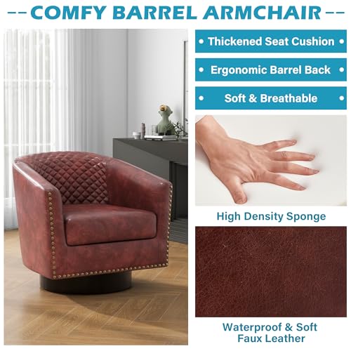Faux Leather Swivel Accent Chair, Modern Barrel Club Chair, Red Brown | Comfy Living Room Chair, Modern Nailhead Trim Round Armchair Bedroom Reading Seat with Removable Cushion, Wood Frame - color: Red Brown