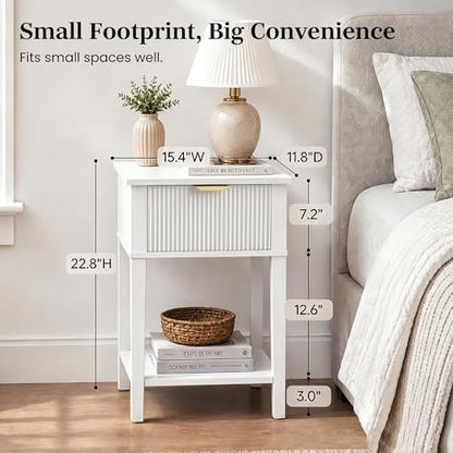 White 15.4" Wide Small Nightstand with Drawer,Open Shelf,Fluted Front | Bright white tone, ribbed fluted front, 11.8-inch slim depth, concealed storage, clean fit for bed, sofa side, or chair side - color: White