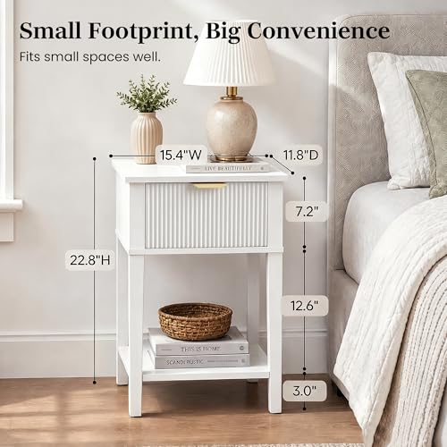 White 15.4" Wide Small Nightstand with Drawer,Open Shelf,Fluted Front | Bright white tone, ribbed fluted front, 11.8-inch slim depth, concealed storage, clean fit for bed, sofa side, or chair side - color: White