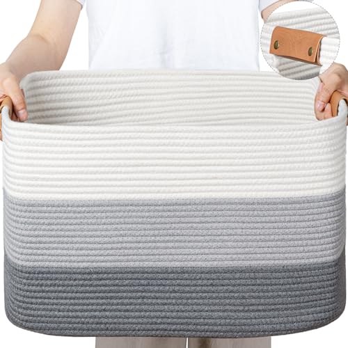 Large Woven Basket 25’’*16’’*16’’ 108L Woven Baskets for storage Baby Laundry Hamper, Cotton Rope Boho Decorative Storage Bin for Living Room, Nursery, Clothes, Pillows Gradient Grey - color: Gradient Grey, size: 108L