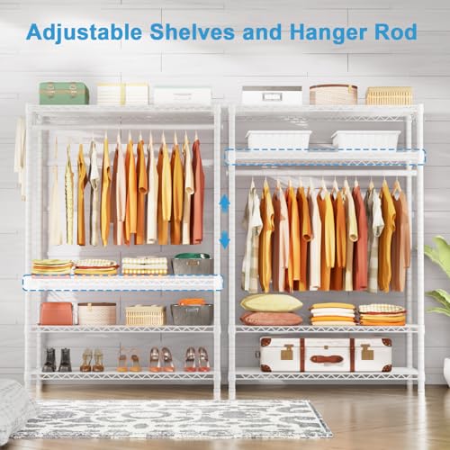 H4 Plus Garment Rack, 4-Tier Portable Clothes and Clothing Rack for Bedroom and Cloakroom, Closet Storage and Organizer Wardrobe System, 45" W x 14" D x 76.4" H, Load 522lbs, White | Heavy-Duty Metal Clothing Storage and Organizer Wardrobe System for Cloa