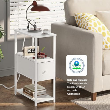 TUTOTAK Small Narrow End Table with Charging Station, Set of 2 | Side Table with Outlets, Nightstand with Cloth Drawer, Couch Table for Living Room, Bedroom, Bedside, White TB01BW058 - color: White, style: 1 Drawer & Plug