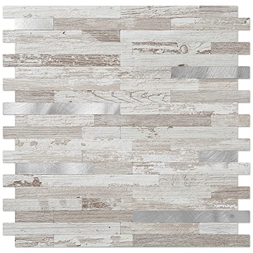 DICOFUN 10-Sheet Peel and Stick Backsplash Tile, Brown Birch PVC Mixed Metal Stick on Backsplash Tiles for Kitchen, 9.4 sq.ft - color: Brown Birch and Metal Silver, size: 10 Sheets, 12’’x12’’x0.12’’