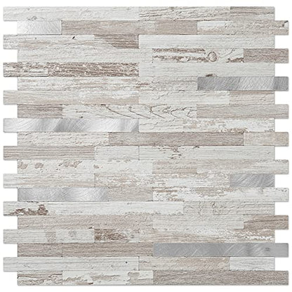 DICOFUN 10-Sheet Peel and Stick Backsplash Tile, Brown Birch PVC Mixed Metal Stick on Backsplash Tiles for Kitchen, 9.4 sq.ft - color: Brown Birch and Metal Silver, size: 10 Sheets, 12’’x12’’x0.12’’