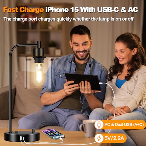 Industrial Table Lamp with USB A+C Ports and Outlet, Fully Stepless Dimmable Modern Nightstand Lamp, Glass Shade Bedside Desk Lamp for Bedroom Living Room Office, 8W 2700K LED Edison Bulb Included.