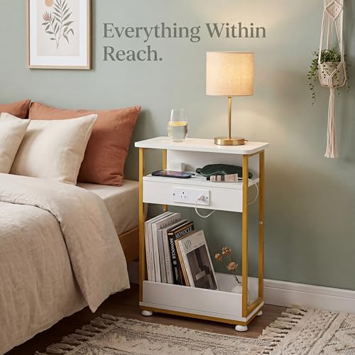 YEAKOO Narrow Side Table with Charging Station, 3-Tier End Table with 2 USB Ports & Power Outlets, Thin Sofa Side Table for Small Spaces, Bedside Table Nightstand for Living Room, White+Gold - color: White+gold