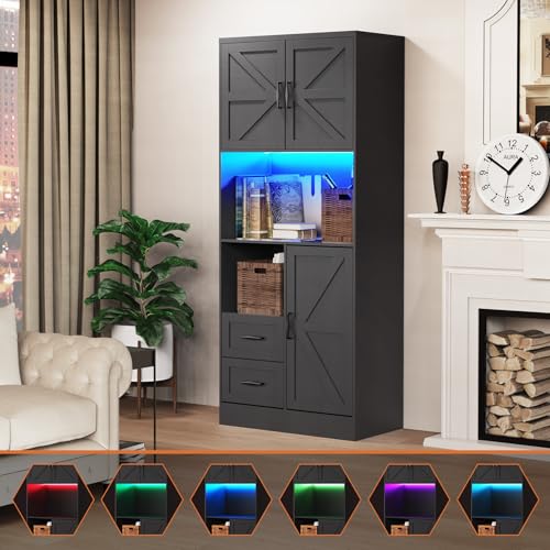 Farmhouse Kitchen Pantry Cabinet with LED Lights and Power Strip, Tall Kitchen Storage Cabinet, Kitchen Hutch with Microwave Stand & Barn Doors and Drawers for Dining Room - color: Black, style: Modern