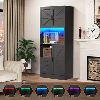 Farmhouse Kitchen Pantry Cabinet with LED Lights and Power Strip, Tall Kitchen Storage Cabinet, Kitchen Hutch with Microwave Stand & Barn Doors and Drawers for Dining Room - color: Black, style: Modern